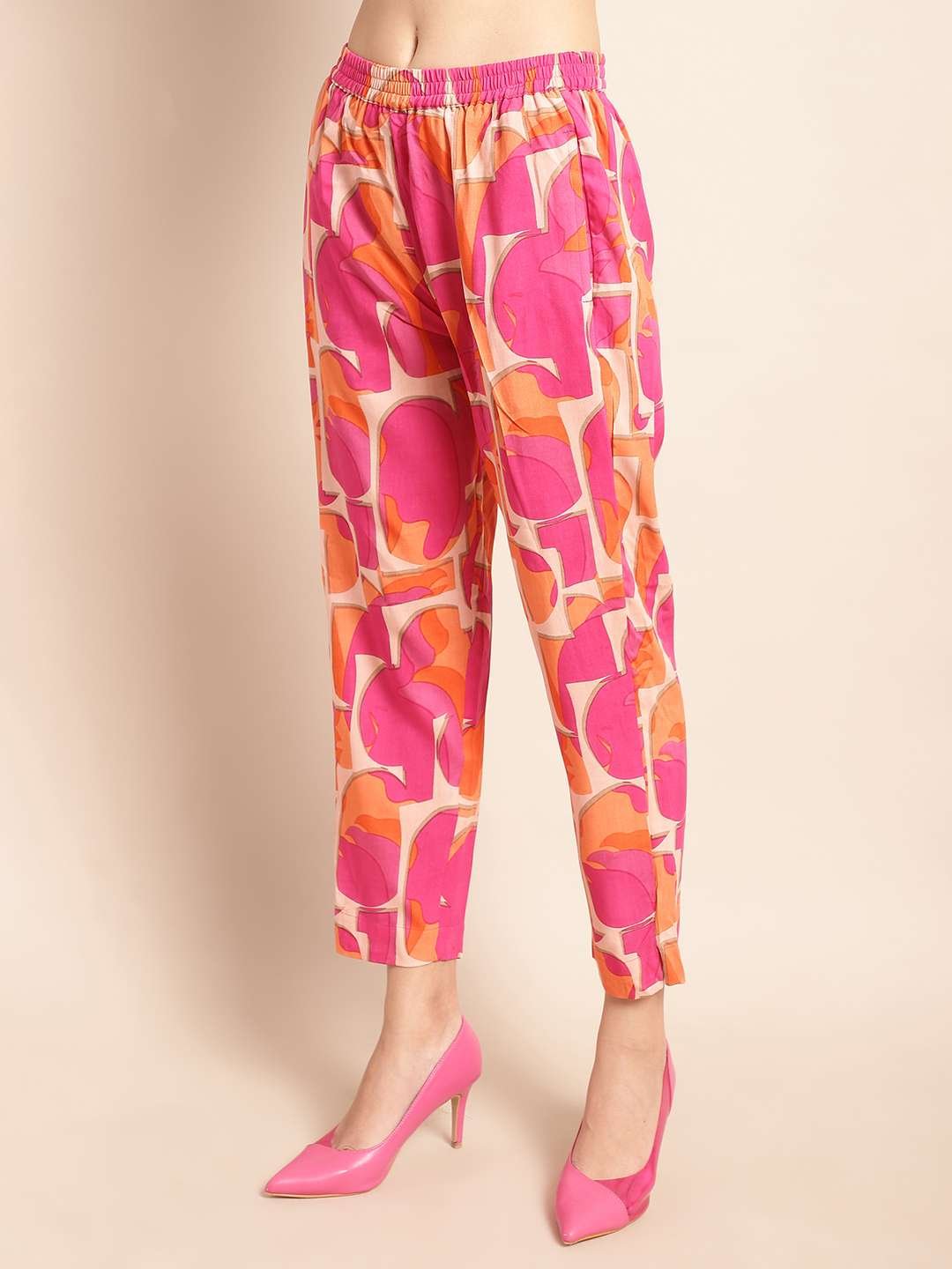 Women's Pure Cotton Printed Collared Top and Pant Co-ord Set (Pink) - Image 8