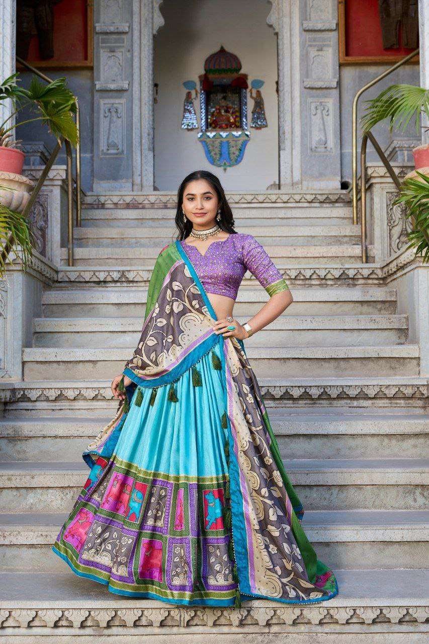 Sky Blue Tussar Silk Lehenga Choli with Purple Blouse | Kalamkari & Foil Work | Wedding & Festive Wear
