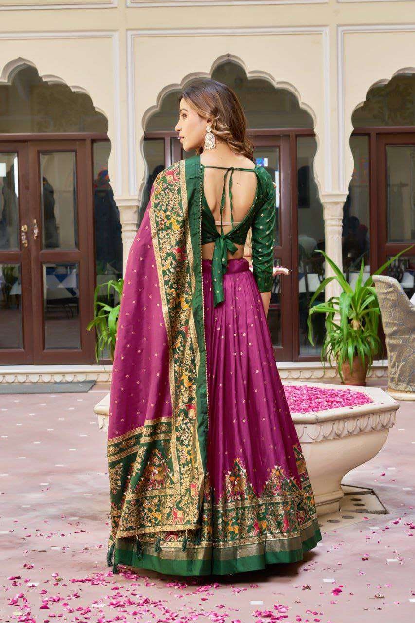 Purple Dola Silk Lehenga Choli with Dark Green Blouse | Bandhej & Ajarakh Print | Wedding & Festive Wear - Image 2
