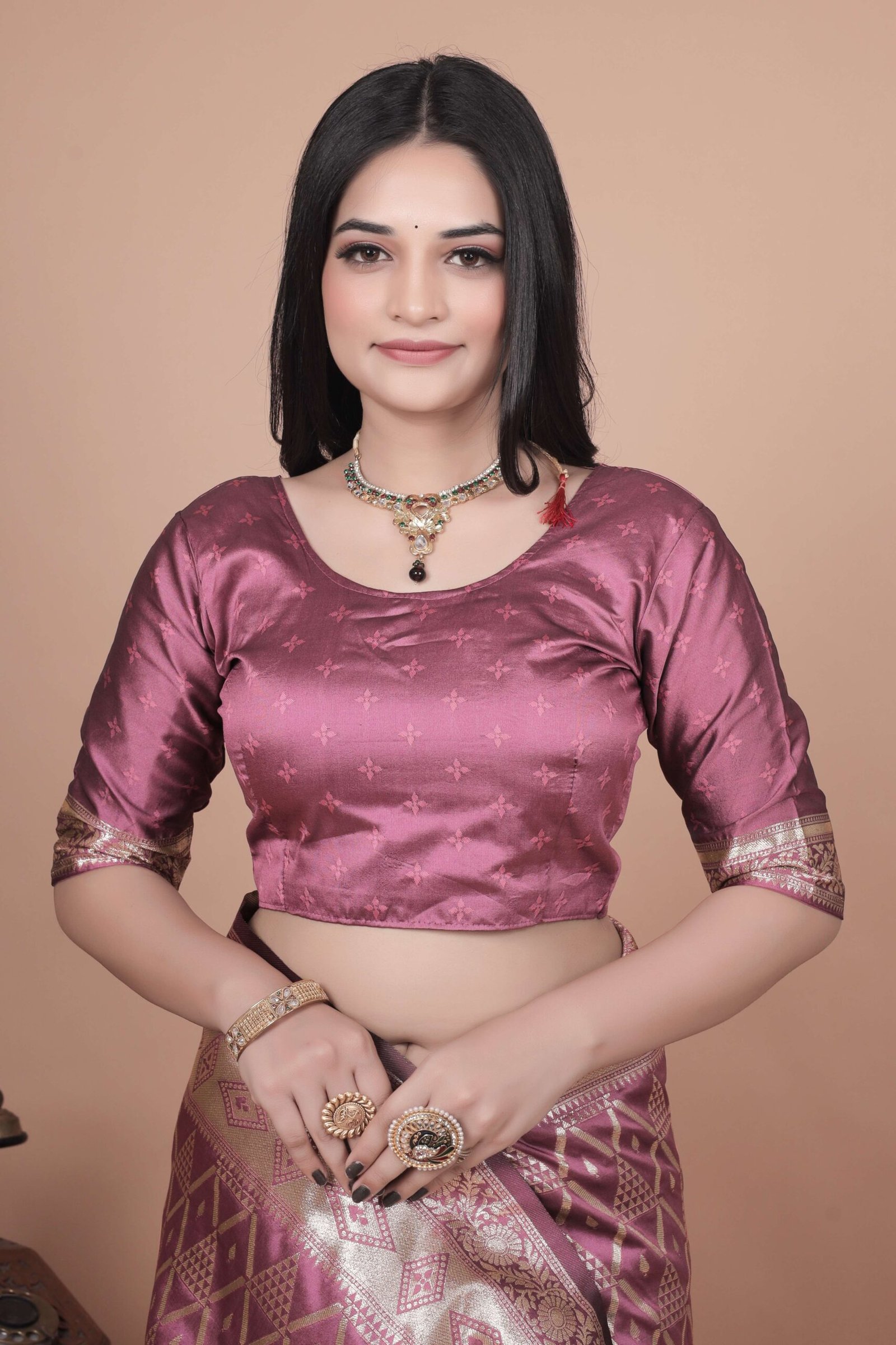 Mauve Banarasi Silk Saree with Silver Geometric & Floral Zari | Wedding & Festive Wear | Elegant Designer Saree - Image 5