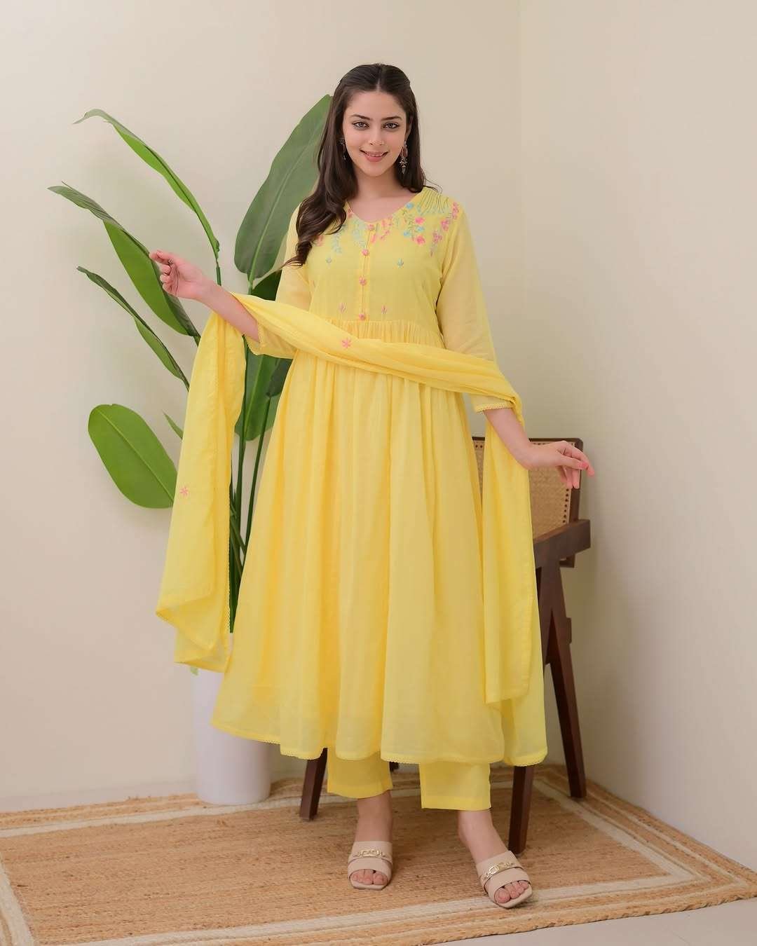 Women's Cotton Embroidered Anarkali Kurti With Pant and Dupatta set - Image 3