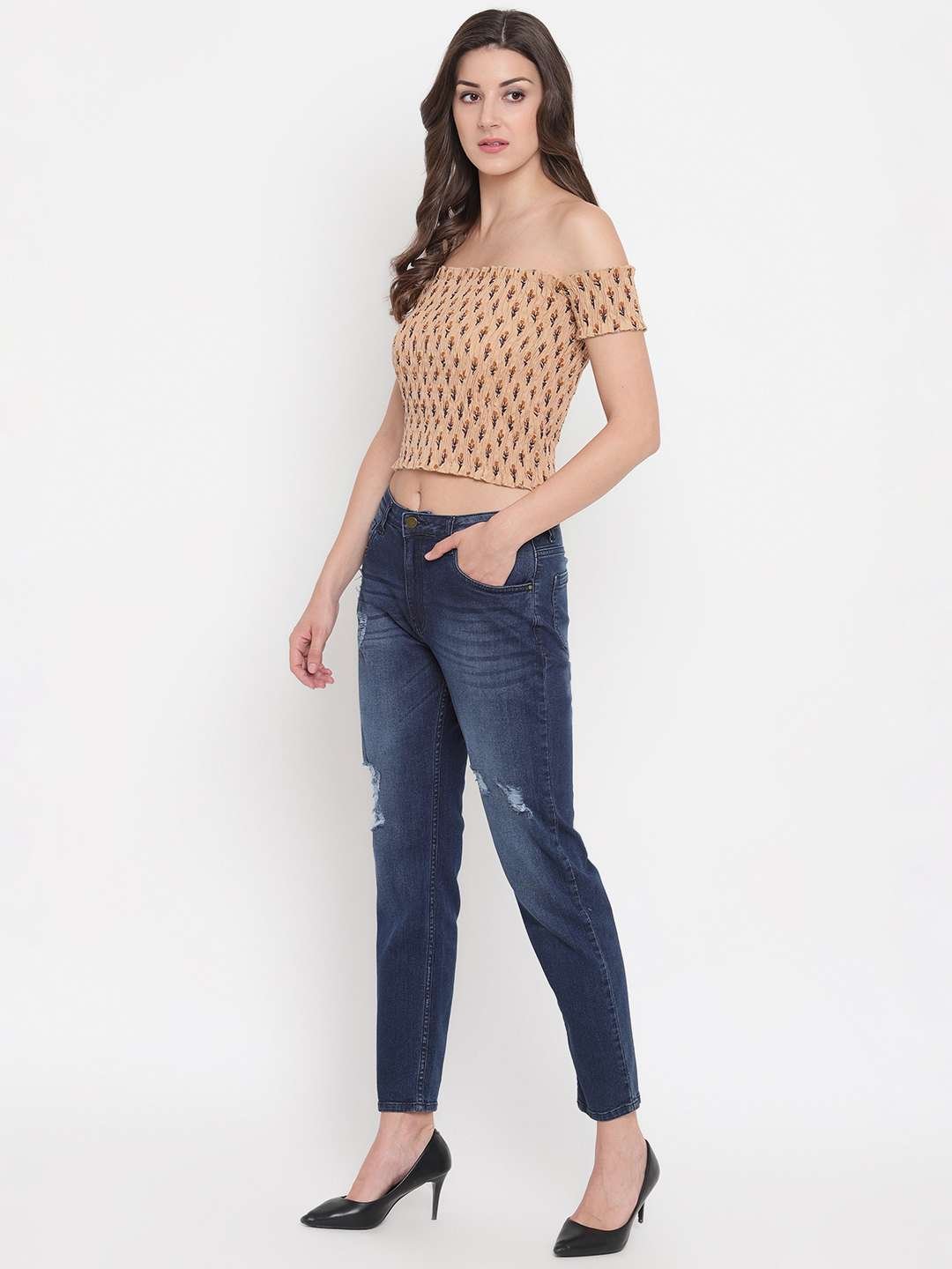 Women's Rayon Printed Off-Shoulder Smocked Crop Top Short Sleeve Casual Styles Tank Top (FREE SIZE) Multi41 - Image 3