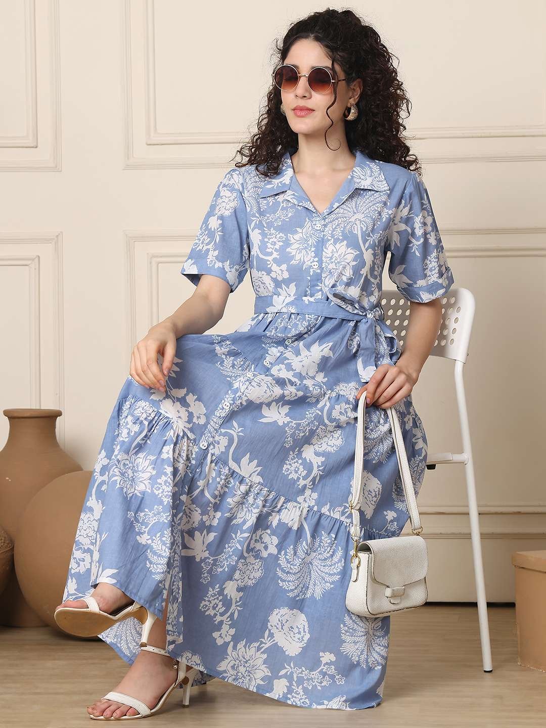 Women's Cotton Printed A-Line Midi Dress | Short Sleeve Flared Gown Dress (Sky Blue) - Image 3