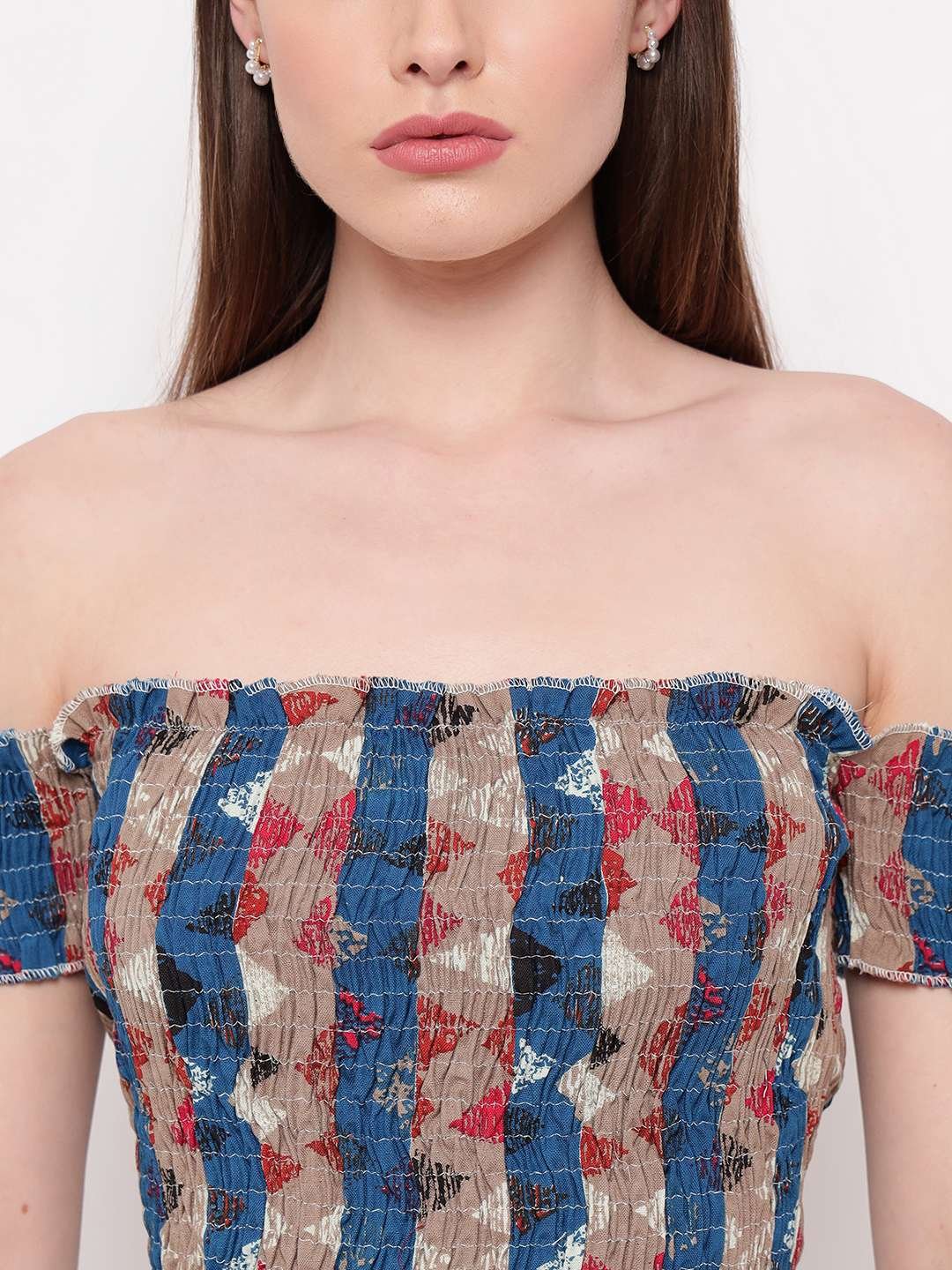 Women's Rayon Printed Off-Shoulder Smocked Crop Top Short Sleeve Casual Styles Tank Top (FREE SIZE) Multi38 - Image 4